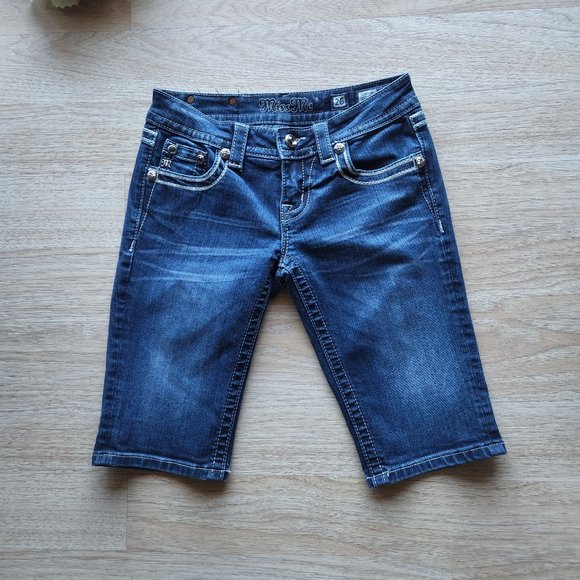 Miss Me Signature Bermuda Embellishing Jean Shorts Zip Blue-Silver - Picture 2 of 7